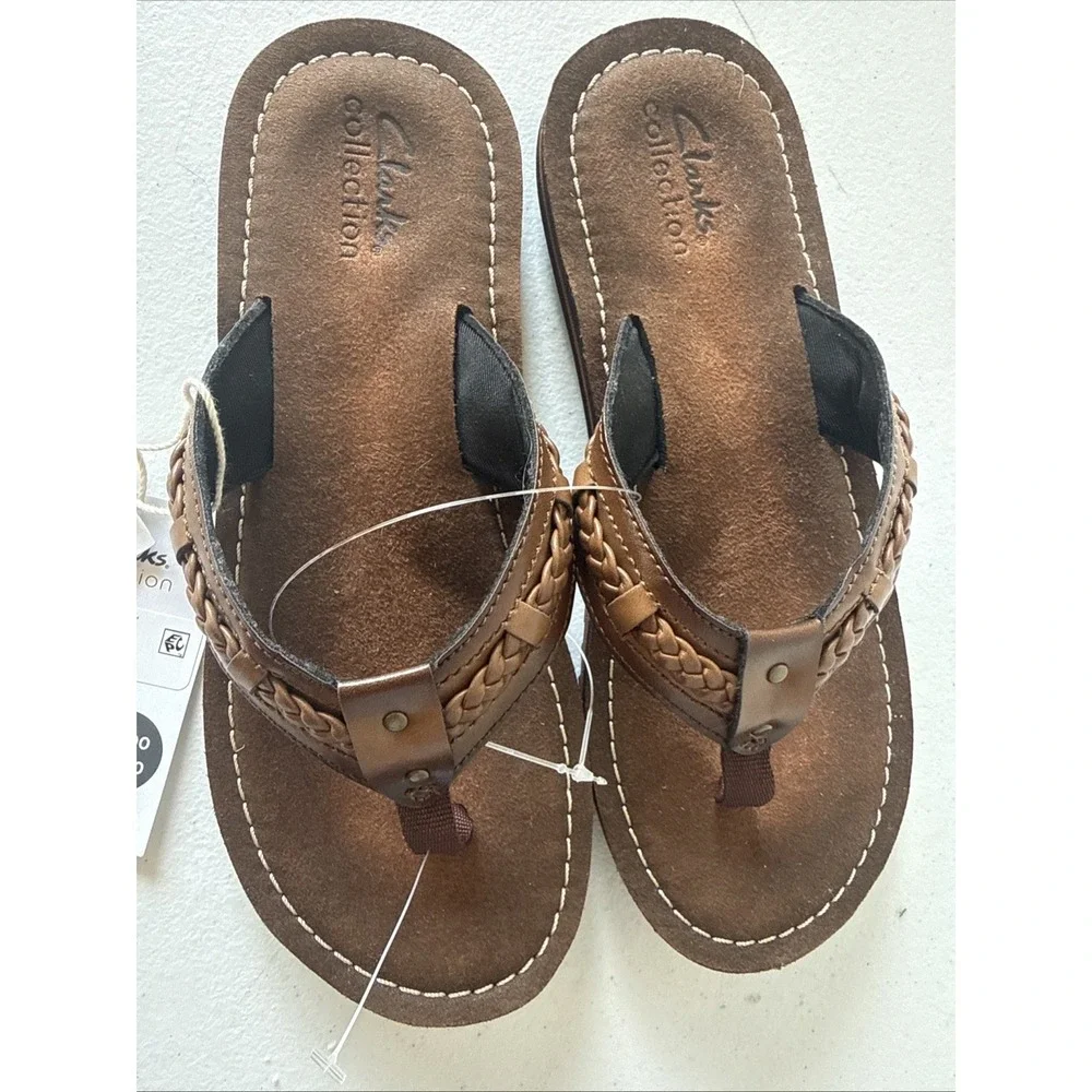 Clarks Collection Fenner Nerice Leather Braided Strap Flip Flops Brown Womens 6